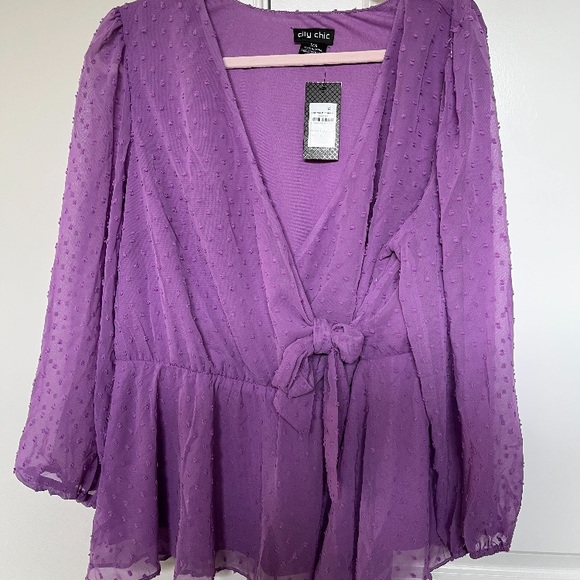 CITY CHIC TOP V NECK FAUX WRAP LONG SLEEVE LILAC PURPLE COLOR - Picture 10 of 13